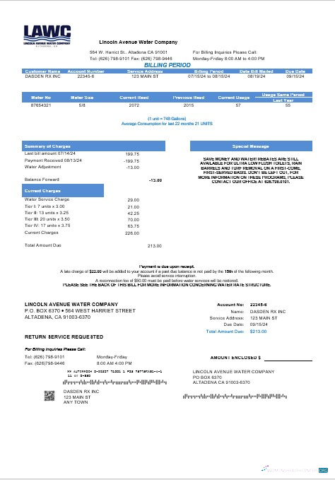 USA California Lincoln Avenue Water Company business utility bill template in Word and PDF formats